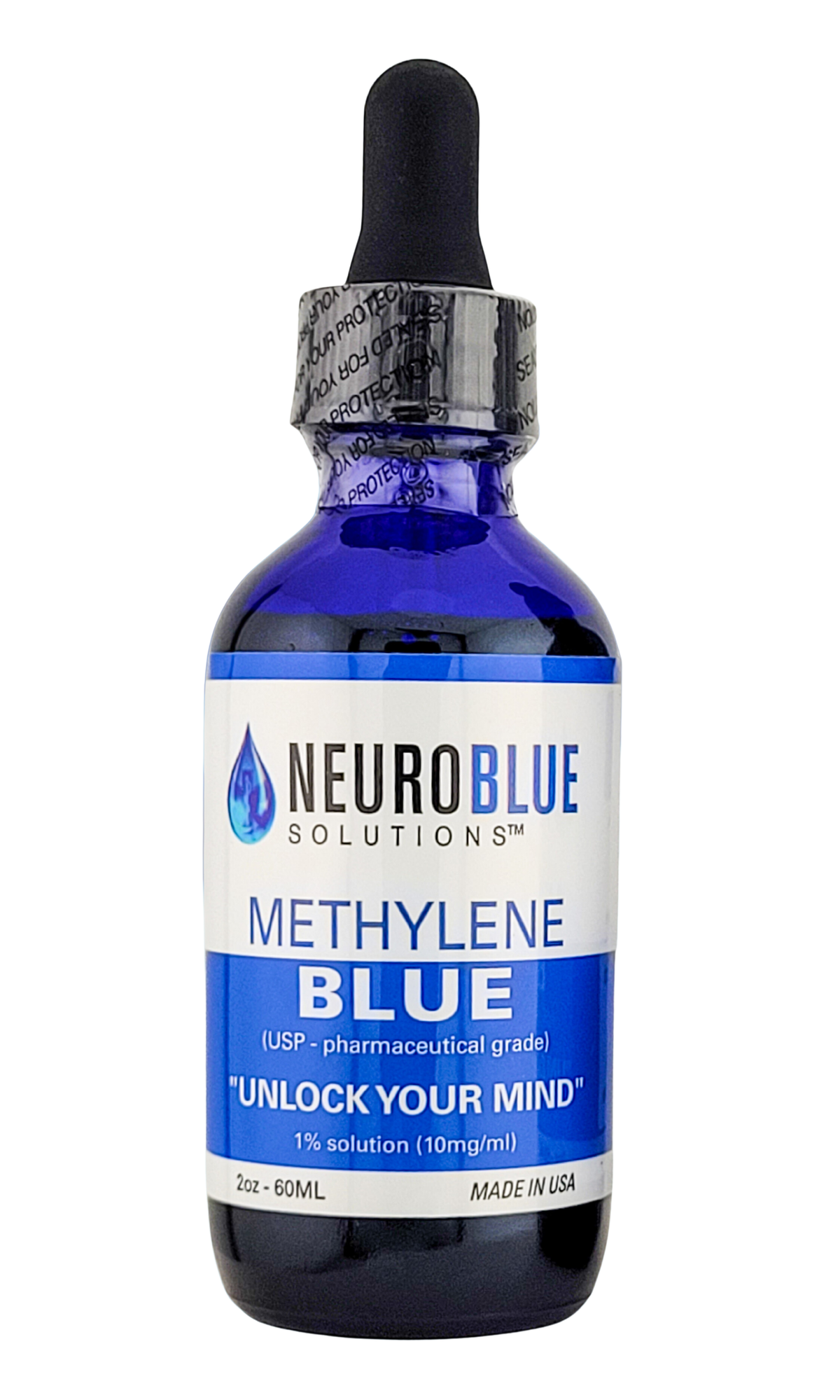 Bottle of NeuroBlue Methylene Blue solution with dropper on a white background