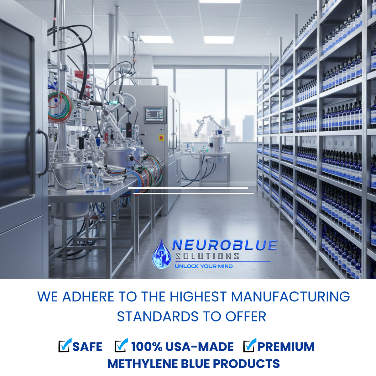 Laboratory setting with shelves and equipment, featuring NeuroBlue Solutions branding.