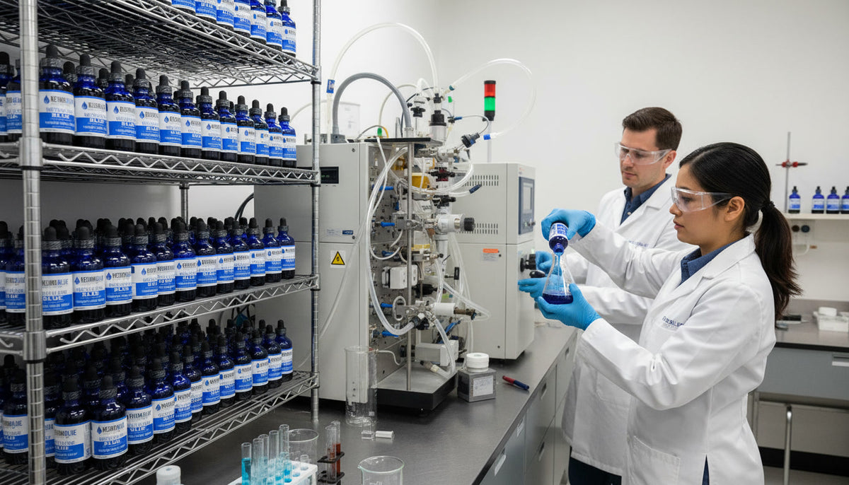 Two scientists working in a laboratory with shelves of bottles and lab equipment.