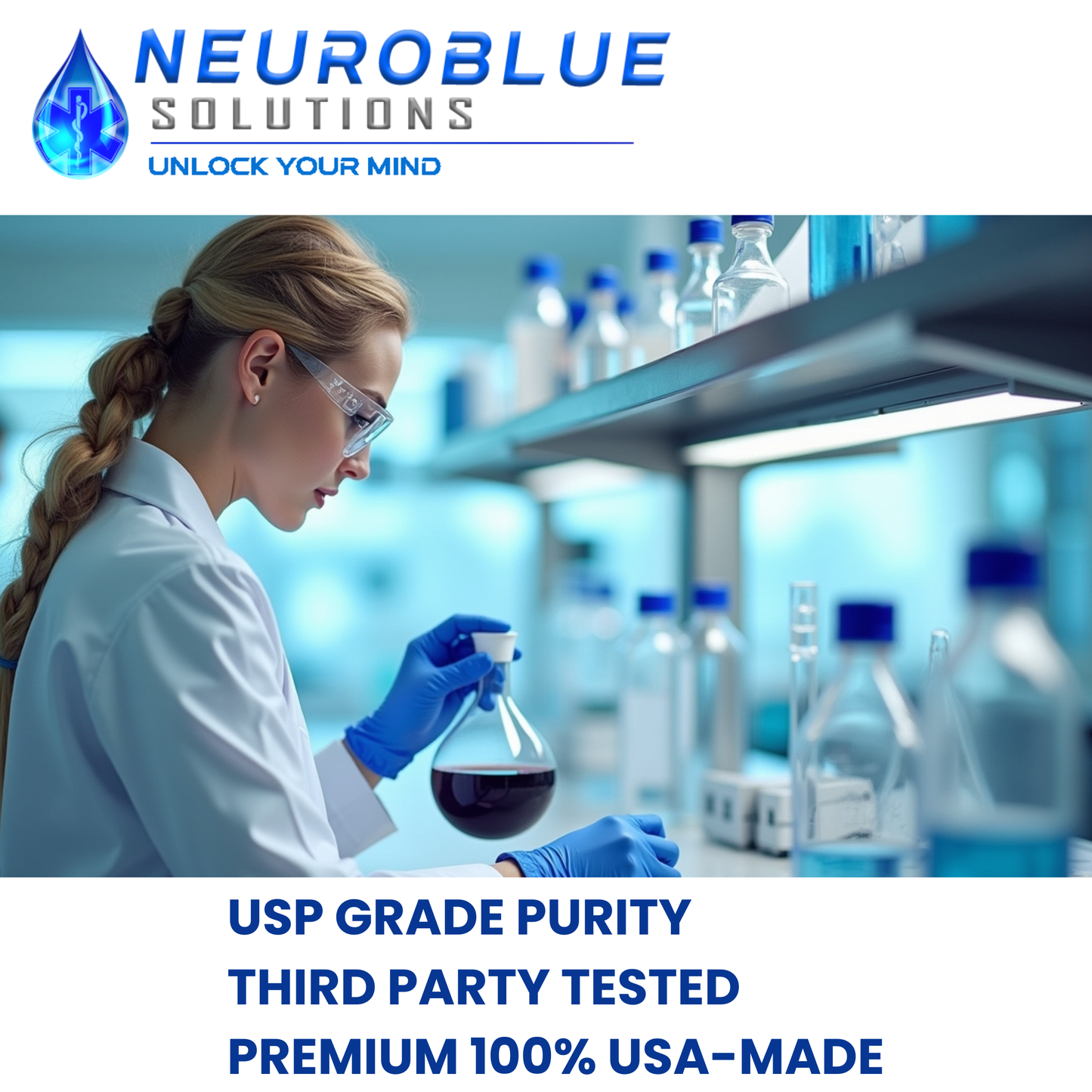 Person in a lab coat holding a beaker with NeuroBlue Solutions branding and product claims.