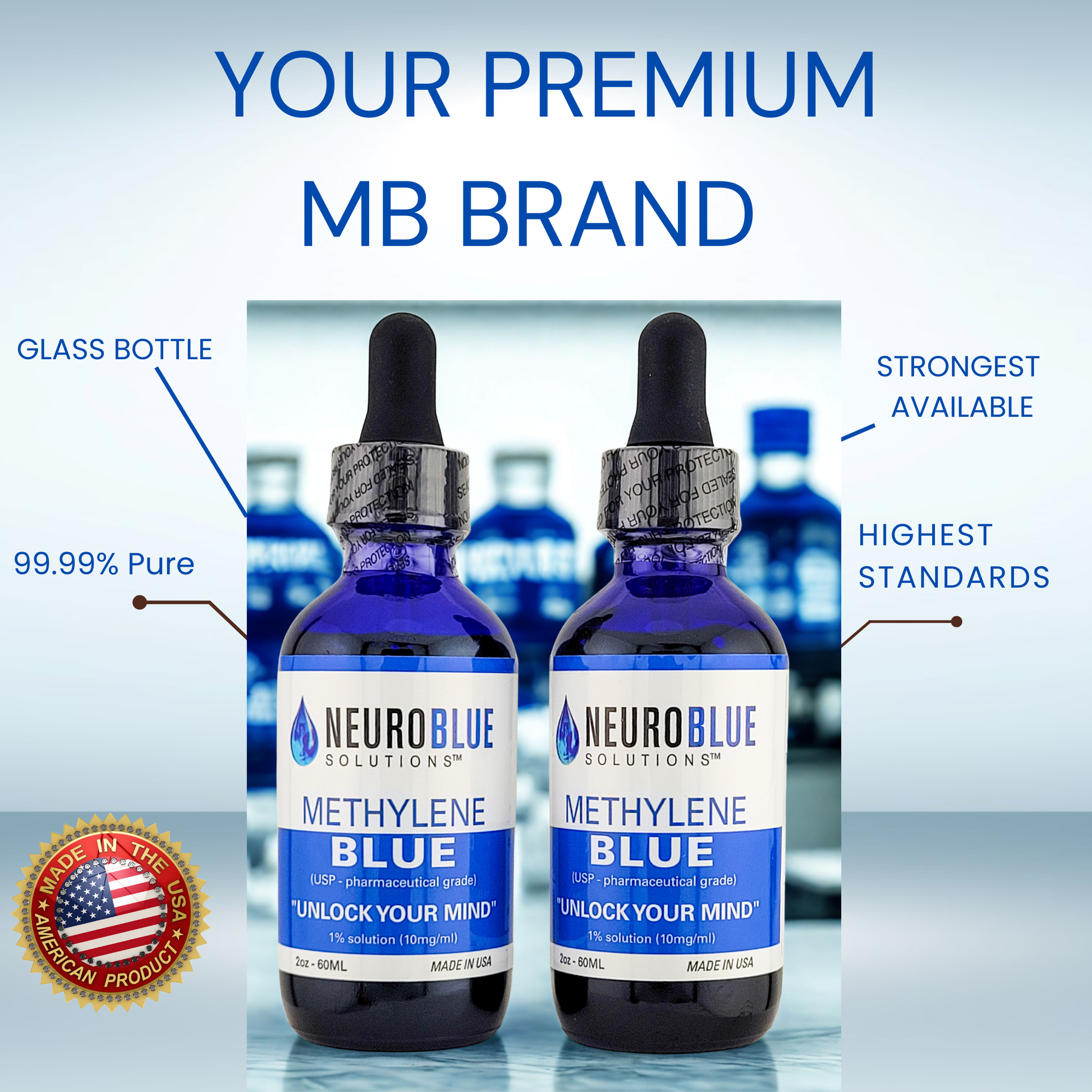 Two NeuroBlue Methylene Blue bottles with product details on a blue gradient background.