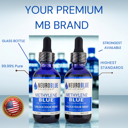 Two NeuroBlue Methylene Blue bottles with product details on a blue gradient background.
