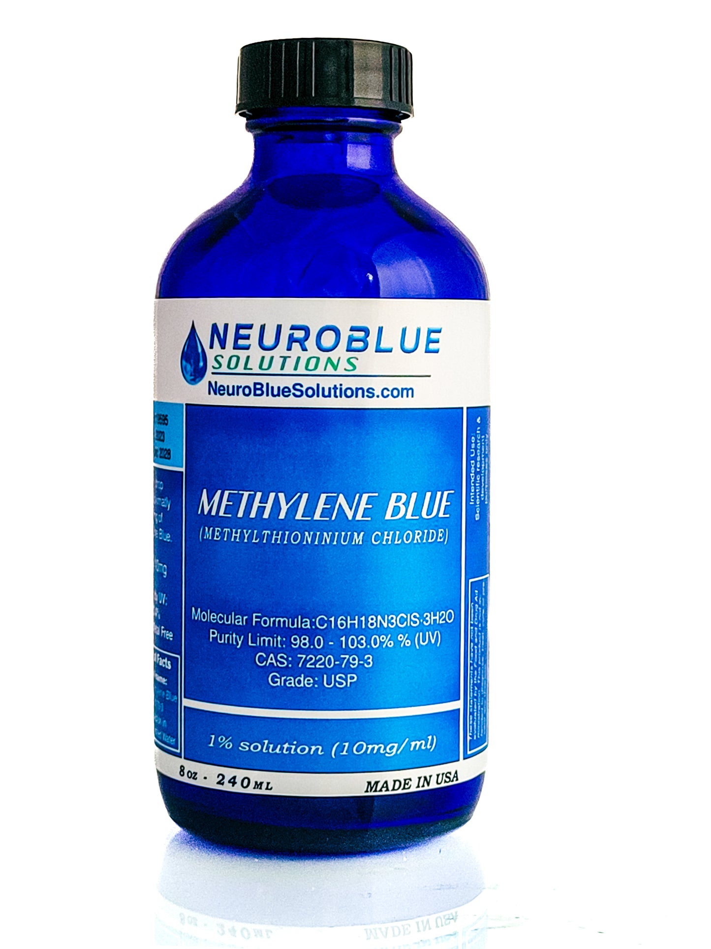 A blue bottle labeled Methylene Blue with a dropper, containing a 1% stock solution, with the brand NeuroBlue Solutions.