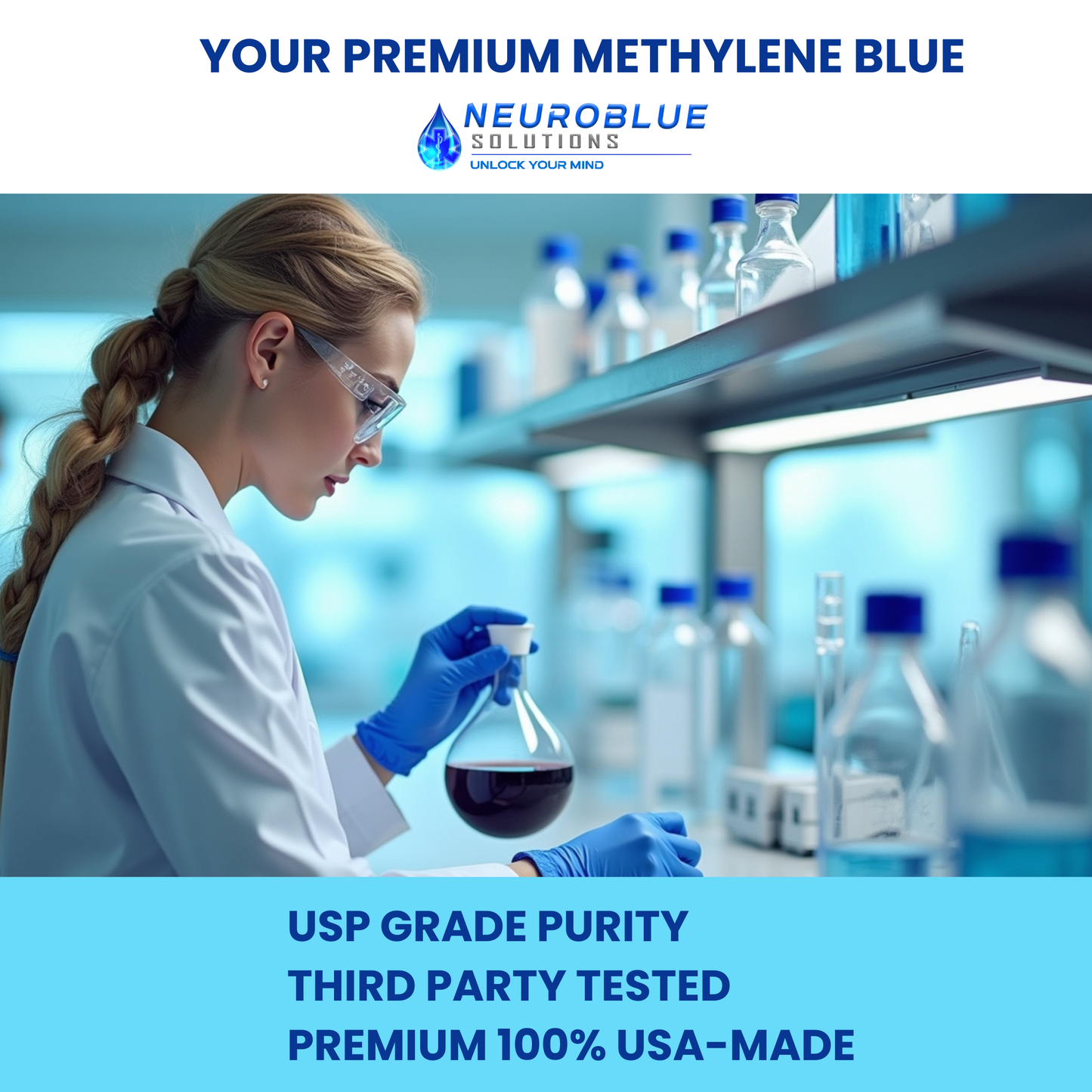 Laboratory setting with a scientist working, featuring NeuroBlue Solutions branding.