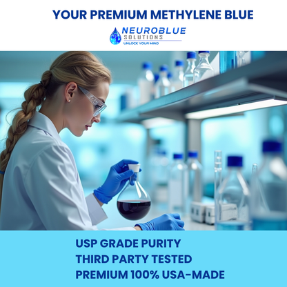 Laboratory setting with a scientist working, featuring NeuroBlue Solutions branding.