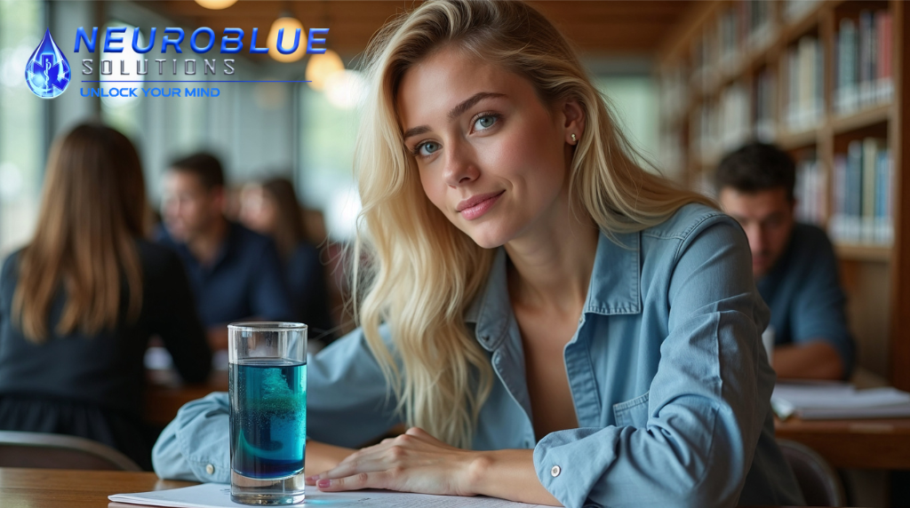 Woman sitting at a table with a glass of Methylene blue liquid, surrounded by blurred people in a library setting, with NeuroBlue Solutions logo.