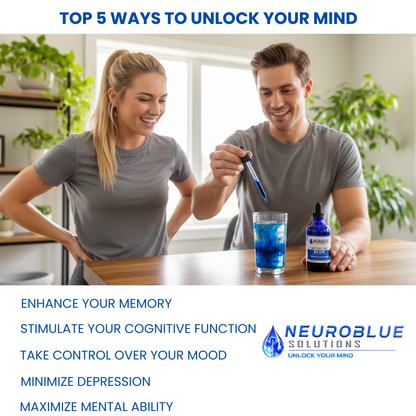 Two people in a kitchen setting with a bottle of NeuroBlue Solutions and text about unlocking the mind.