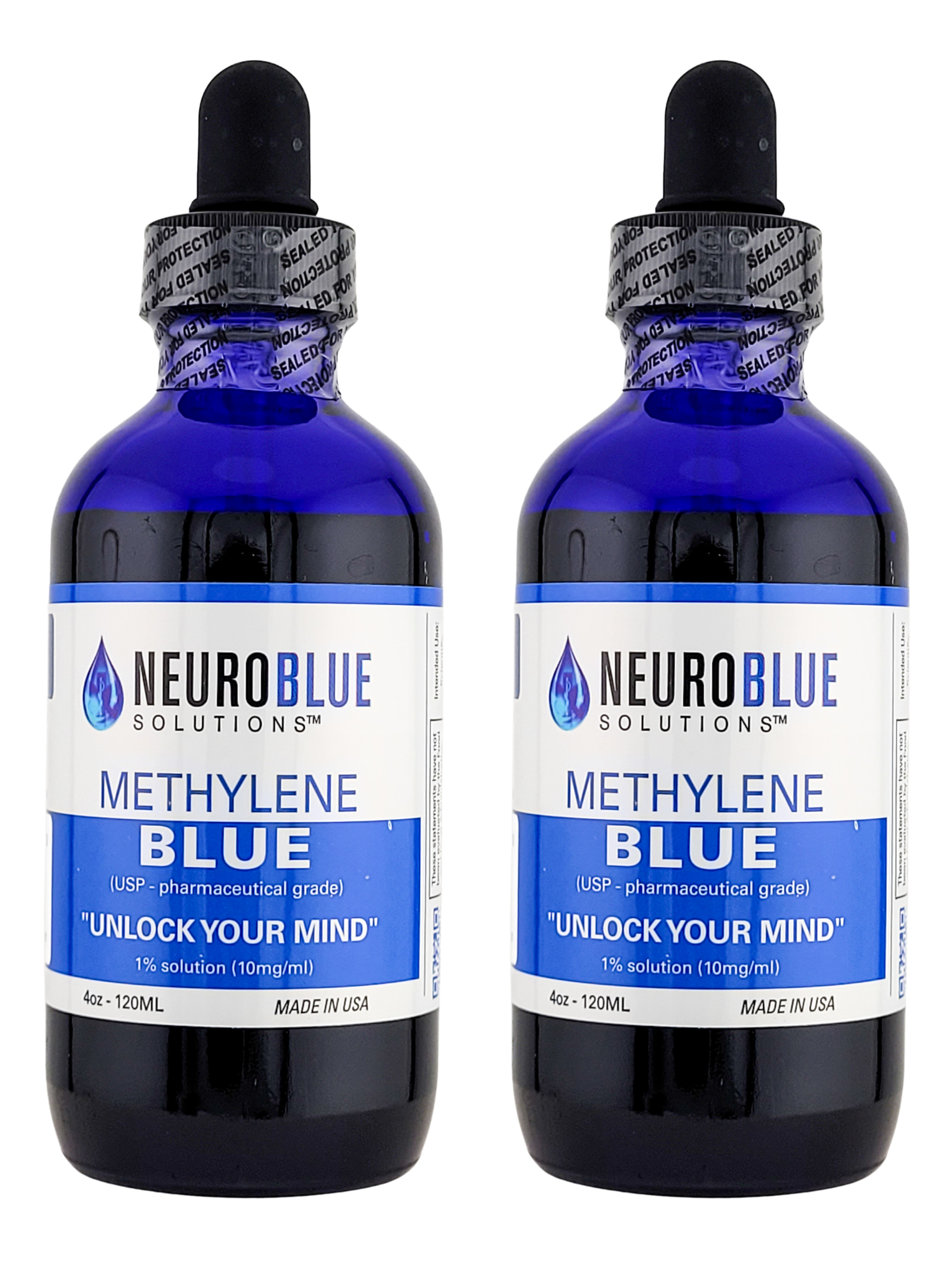 Two bottles of NeuroBlue Methylene Blue solution on a white background